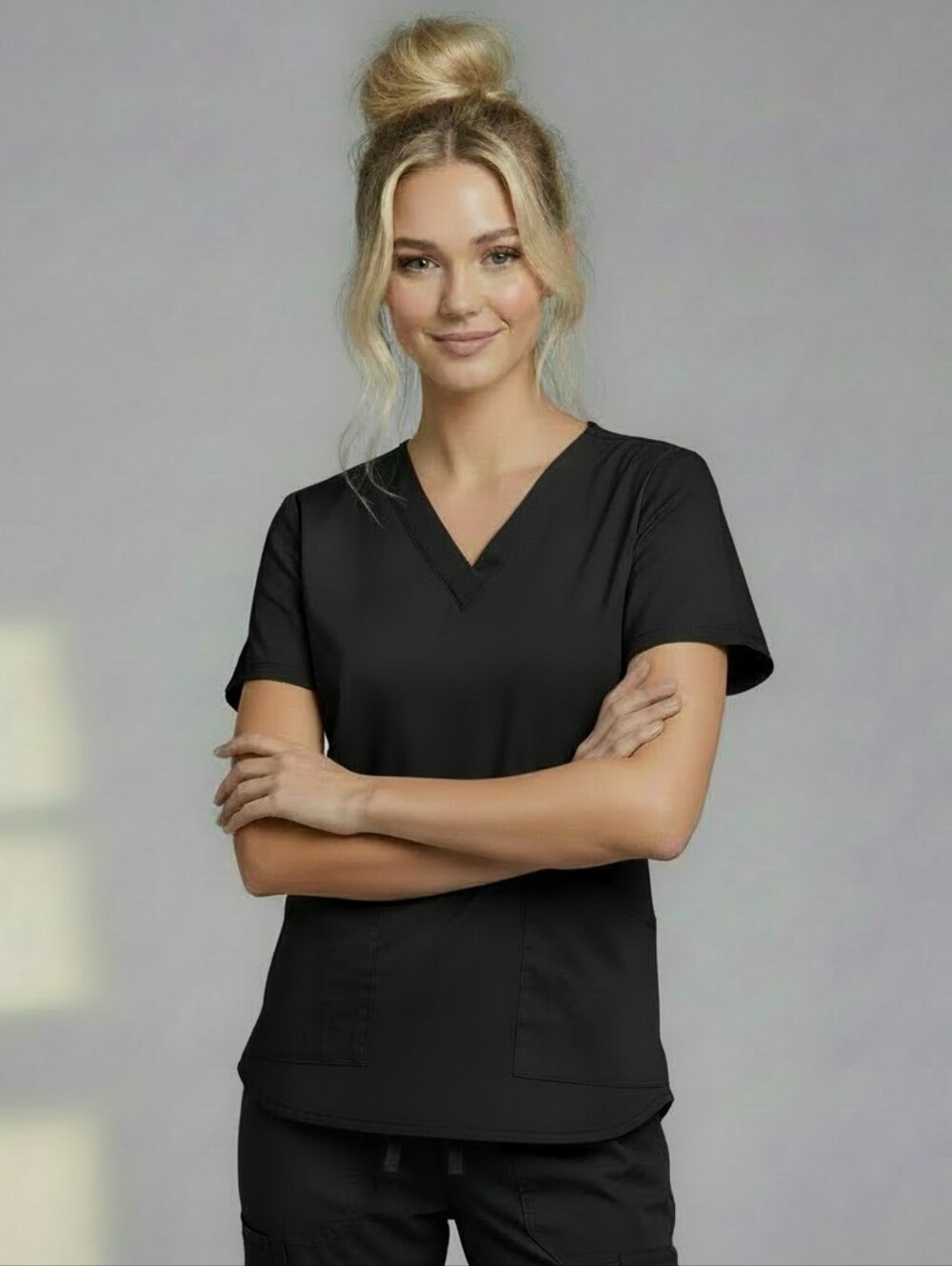Cherokee Black Stretchy Woman's V-Neck Short Sleeve Scrub Top, Side Vents, EUC L